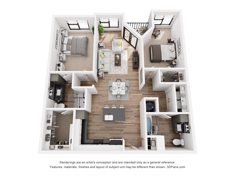 Floor plan for 2 beds, 2 baths, 1232 sqft